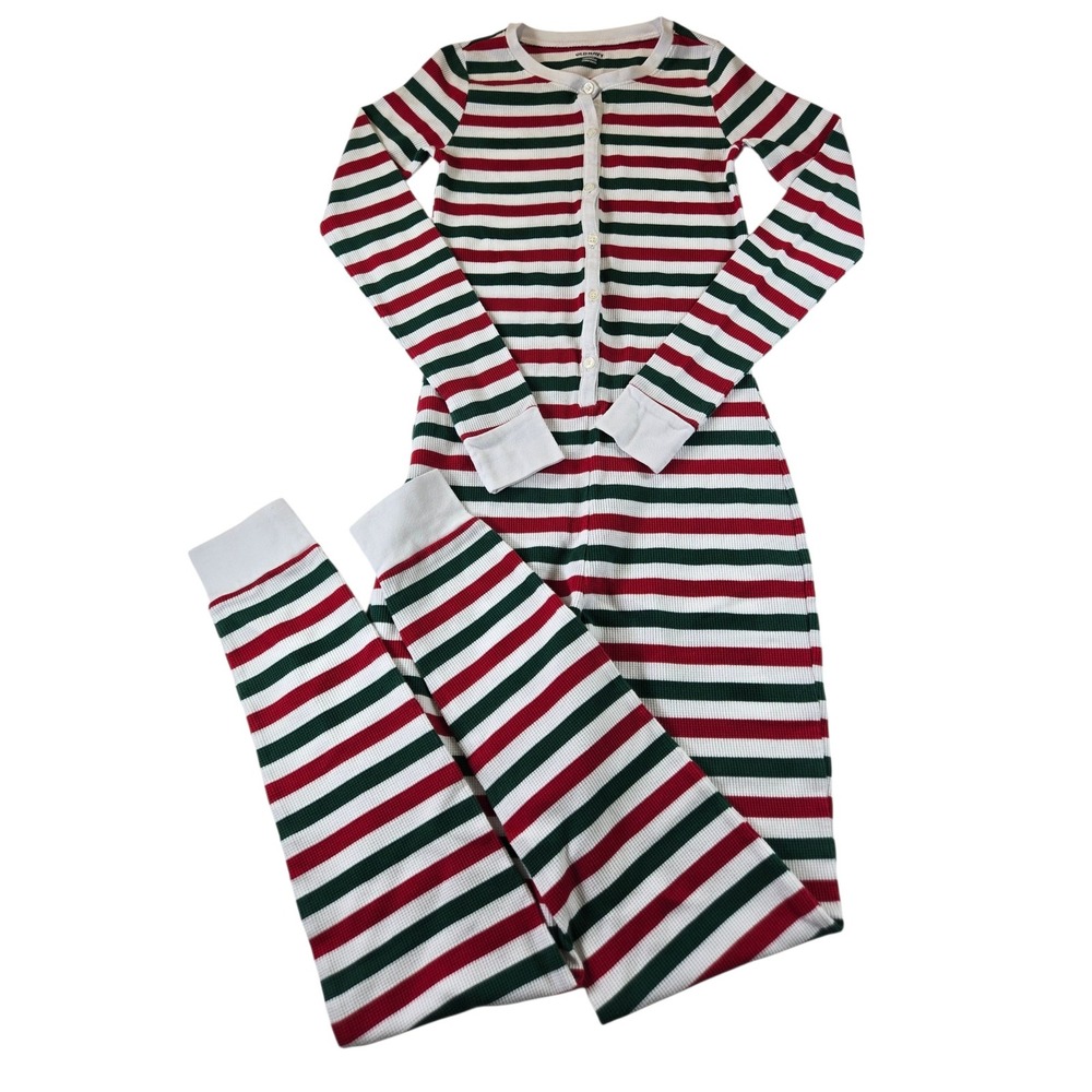 Old Navy Womens S Tall Red Green White Striped Thermal Waffle Knit Union Suit